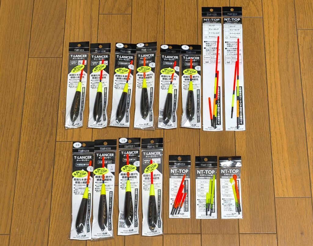 釣研・T-LANCER Sサイズシリーズのフルラインアップ。交換用トップも充実。